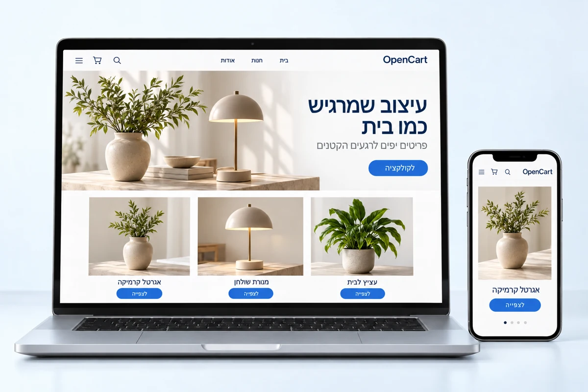 הדמיה של חנות OpenCart על מחשב נייד וטלפון, בעברית ובסידור RTL, עם מוצרים לבית ועיצוב נקי
